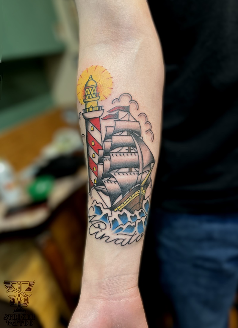 船、灯台、アメリカントラディショナルタトゥー